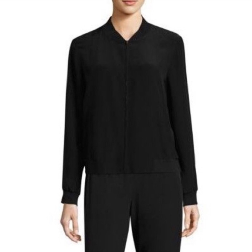 Eileen Fisher Mandarin Stand Collar Ribbed Full Zip Jacket Sweater Black Medium